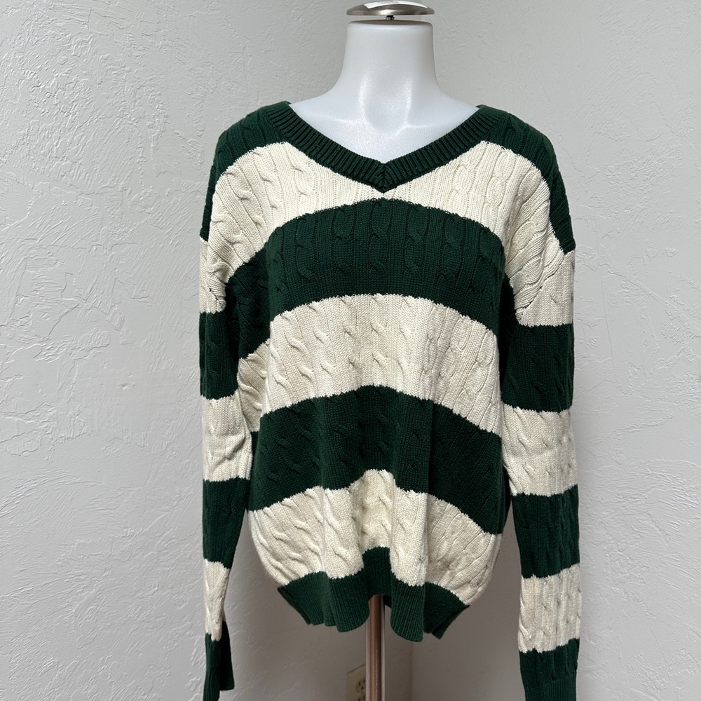 Brandy Melville Green and Cream Striped  Sweater